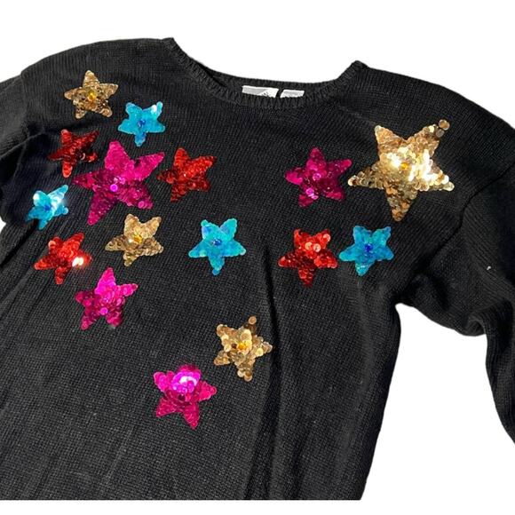 Vintage 90s Jason Maxwell Sequin Star Sweater - NWT Black Rainbow Stars Medium - Picture 11 of 12